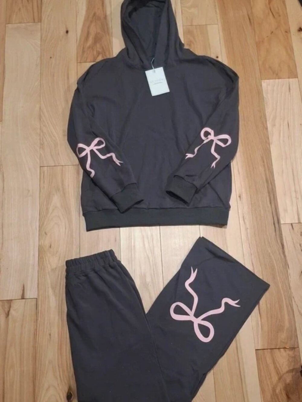 NEW Women's Bow Sweatshirt Hoodie & Pants Gray Pink Sz. X-LARGE